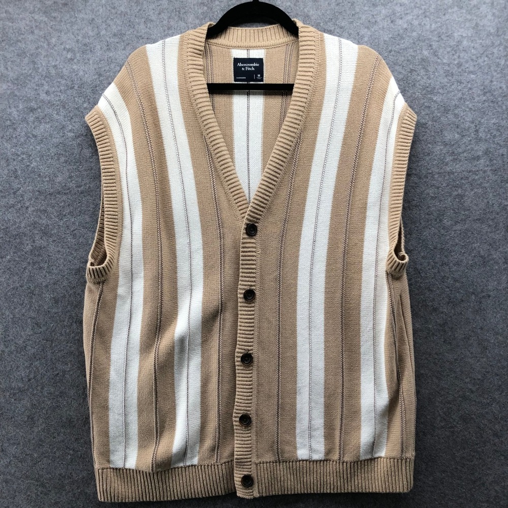 Abercrombie & Fitch Oversized Cardigan‎ Vest Mens M Tan Striped Grandpa Dad